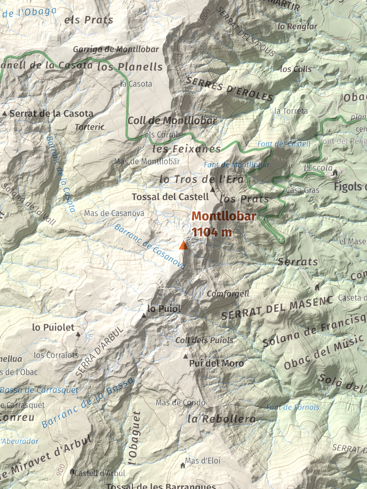 Mapa de relieve de Montllobar, 1104 m, Pallars Jussà, lámina 100 Cims de Trobart. Detalle de la zona central. 30 × 40 cm.