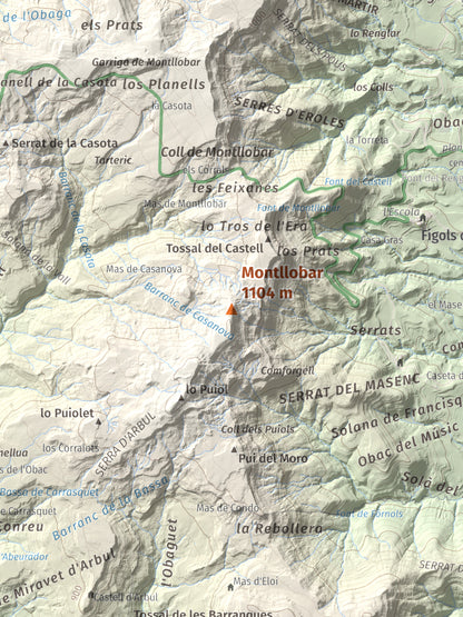 Mapa de relieve de Montllobar, 1104 m, Pallars Jussà, lámina 100 Cims de Trobart. Detalle de la zona central. 30 × 40 cm.
