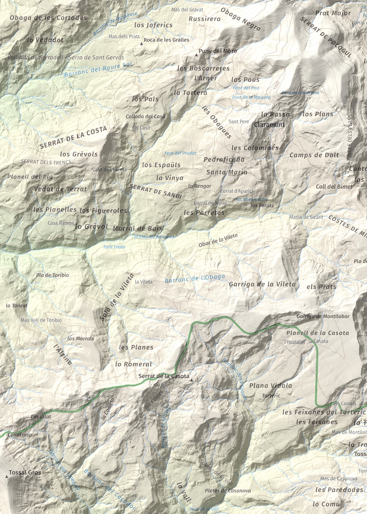 Mapa de relieve de Montllobar, 1104 m, Pallars Jussà, lámina 100 Cims de Trobart. Detalle de la zona superior izquierda. 50 × 70 cm.