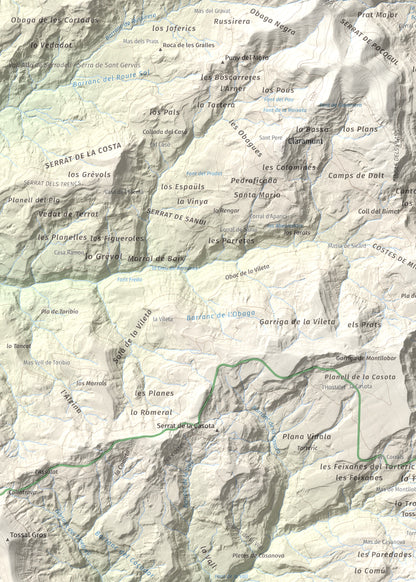 Mapa de relieve de Montllobar, 1104 m, Pallars Jussà, lámina 100 Cims de Trobart. Detalle de la zona superior izquierda. 50 × 70 cm.