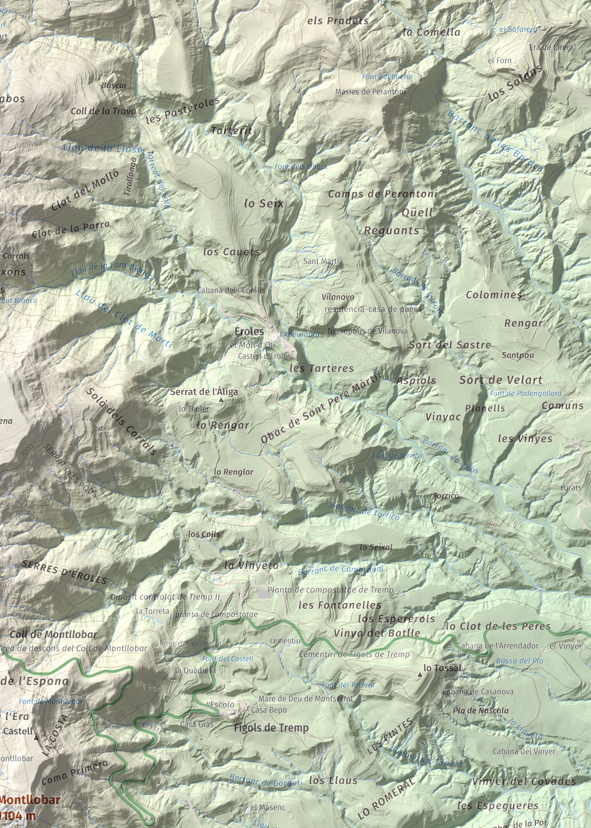 Mapa de relieve de Montllobar, 1104 m, Pallars Jussà, lámina 100 Cims de Trobart. Detalle de la zona superior derecha. 50 × 70 cm.