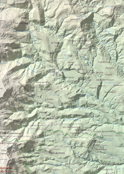 Mapa de relieve de Montllobar, 1104 m, Pallars Jussà, lámina 100 Cims de Trobart. Detalle de la zona superior derecha. 50 × 70 cm.