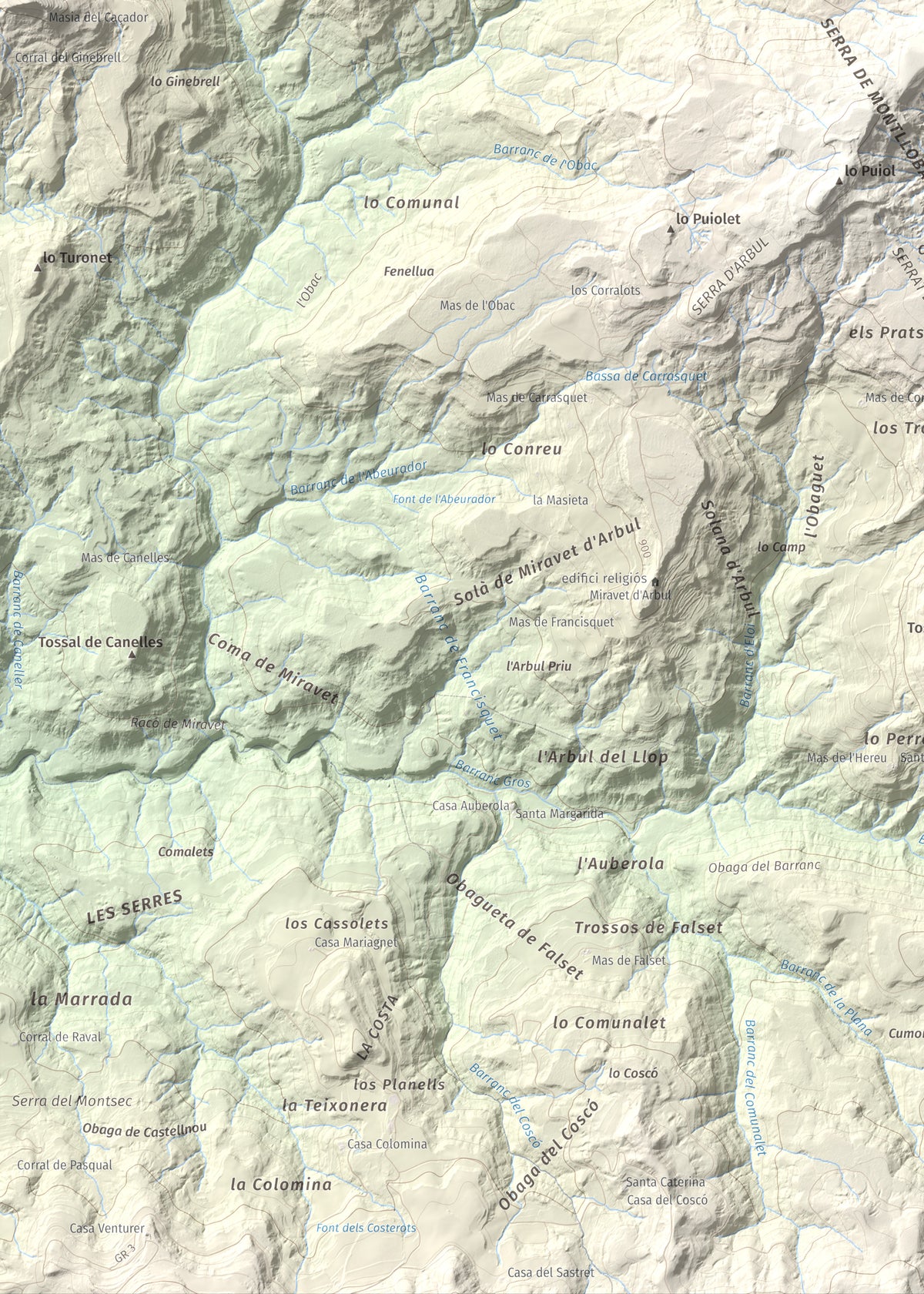 Mapa de relieve de Montllobar, 1104 m, Pallars Jussà, lámina 100 Cims de Trobart. Detalle de la zona inferior izquierda. 50 × 70 cm.