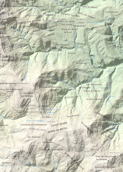 Mapa de relieve de Montllobar, 1104 m, Pallars Jussà, lámina 100 Cims de Trobart. Detalle de la zona inferior derecha. 50 × 70 cm.