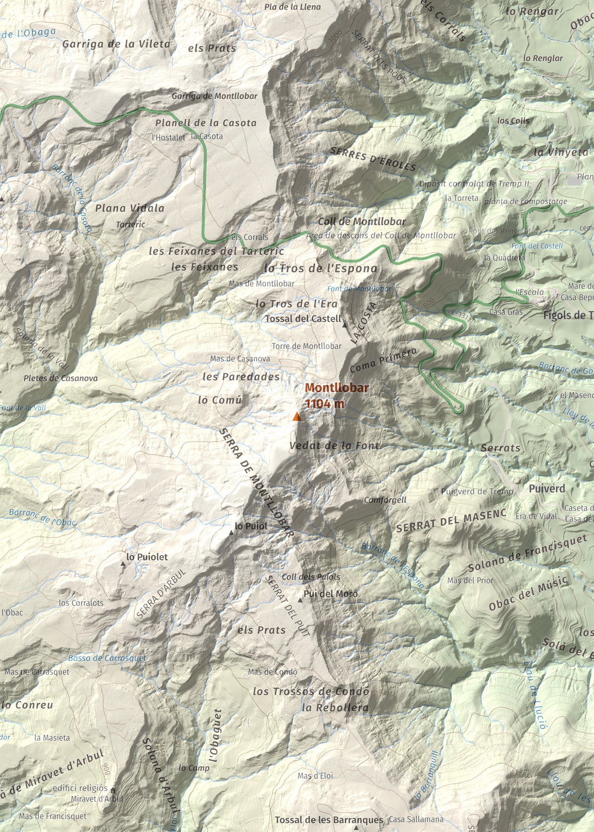 Mapa de relieve de Montllobar, 1104 m, Pallars Jussà, lámina 100 Cims de Trobart. Detalle de la zona central. 50 × 70 cm.