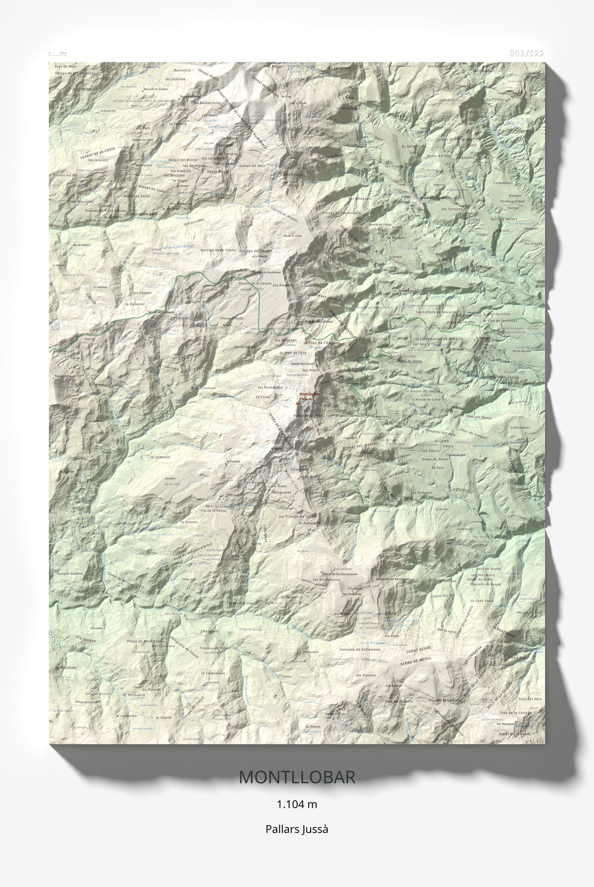 Mapa de relieve de Montllobar, 1104 m, Pallars Jussà, lámina 100 Cims de Trobart 61 × 91 cm.