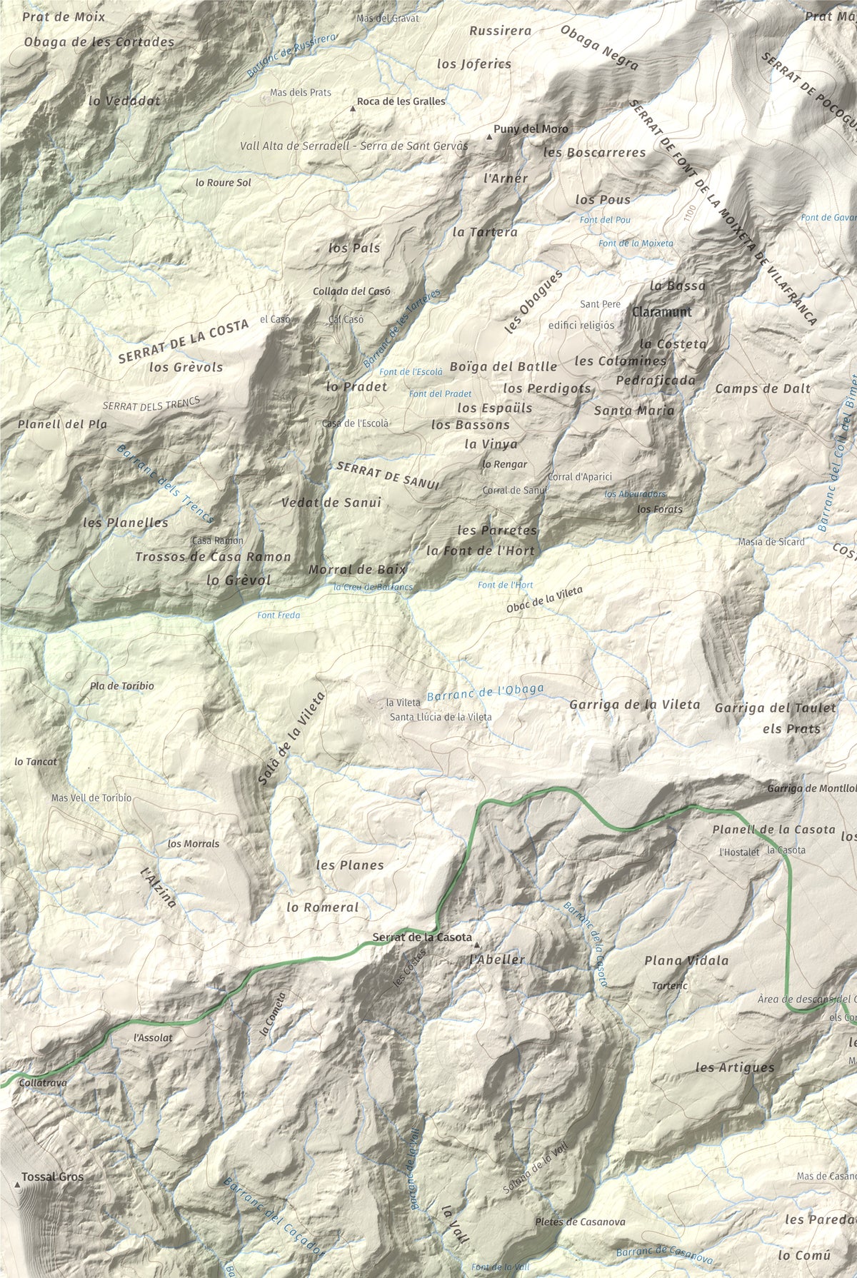 Mapa de relieve de Montllobar, 1104 m, Pallars Jussà, lámina 100 Cims de Trobart. Detalle de la zona superior izquierda. 61 × 91 cm.