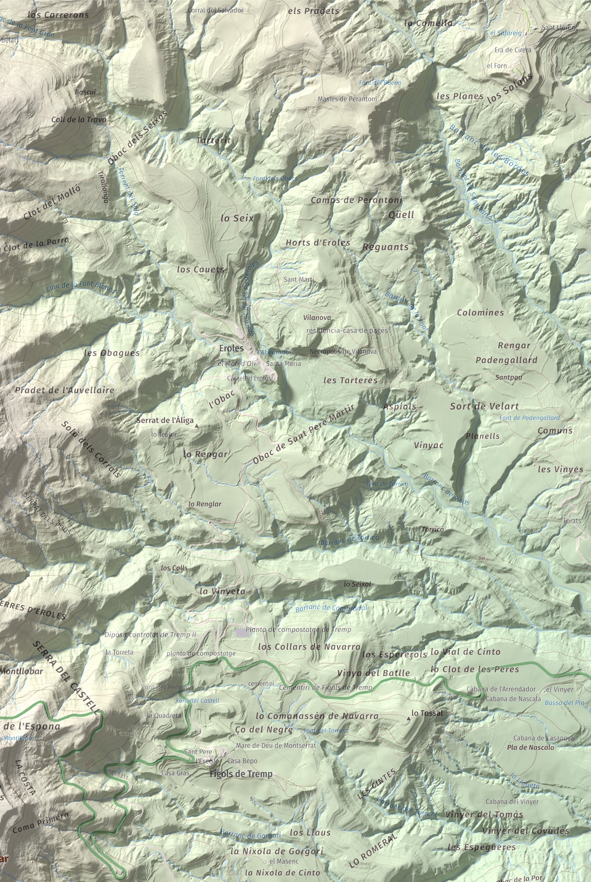 Mapa de relieve de Montllobar, 1104 m, Pallars Jussà, lámina 100 Cims de Trobart. Detalle de la zona superior derecha. 61 × 91 cm.