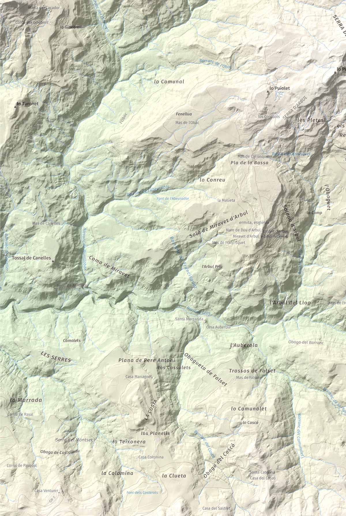 Mapa de relieve de Montllobar, 1104 m, Pallars Jussà, lámina 100 Cims de Trobart. Detalle de la zona inferior izquierda. 61 × 91 cm.