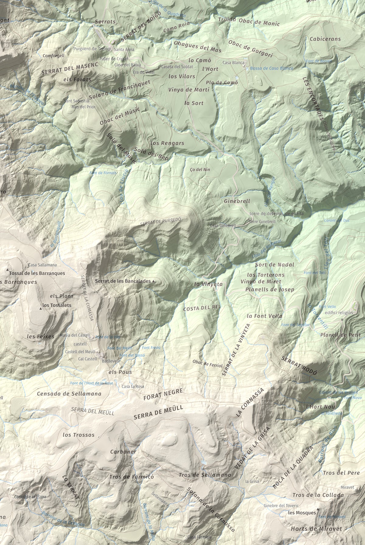 Mapa de relieve de Montllobar, 1104 m, Pallars Jussà, lámina 100 Cims de Trobart. Detalle de la zona inferior derecha. 61 × 91 cm.