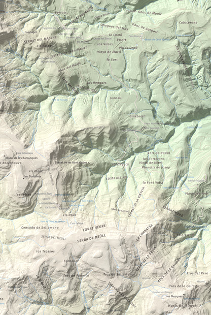 Mapa de relieve de Montllobar, 1104 m, Pallars Jussà, lámina 100 Cims de Trobart. Detalle de la zona inferior derecha. 61 × 91 cm.