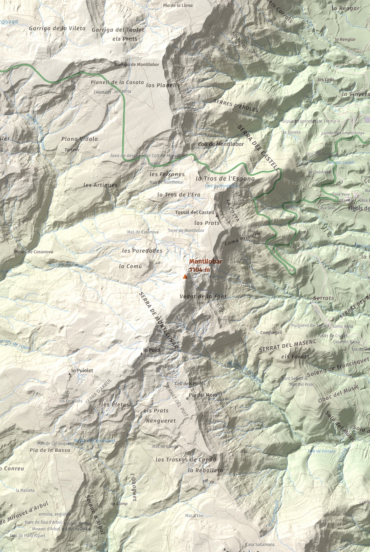 Mapa de relieve de Montllobar, 1104 m, Pallars Jussà, lámina 100 Cims de Trobart. Detalle de la zona central. 61 × 91 cm.