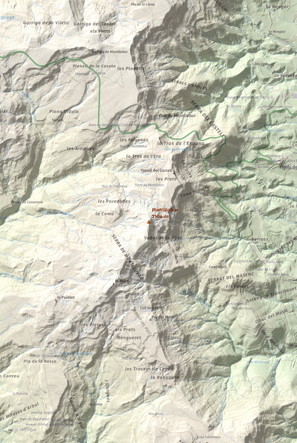 Mapa de relieve de Montllobar, 1104 m, Pallars Jussà, lámina 100 Cims de Trobart. Detalle de la zona central. 61 × 91 cm.