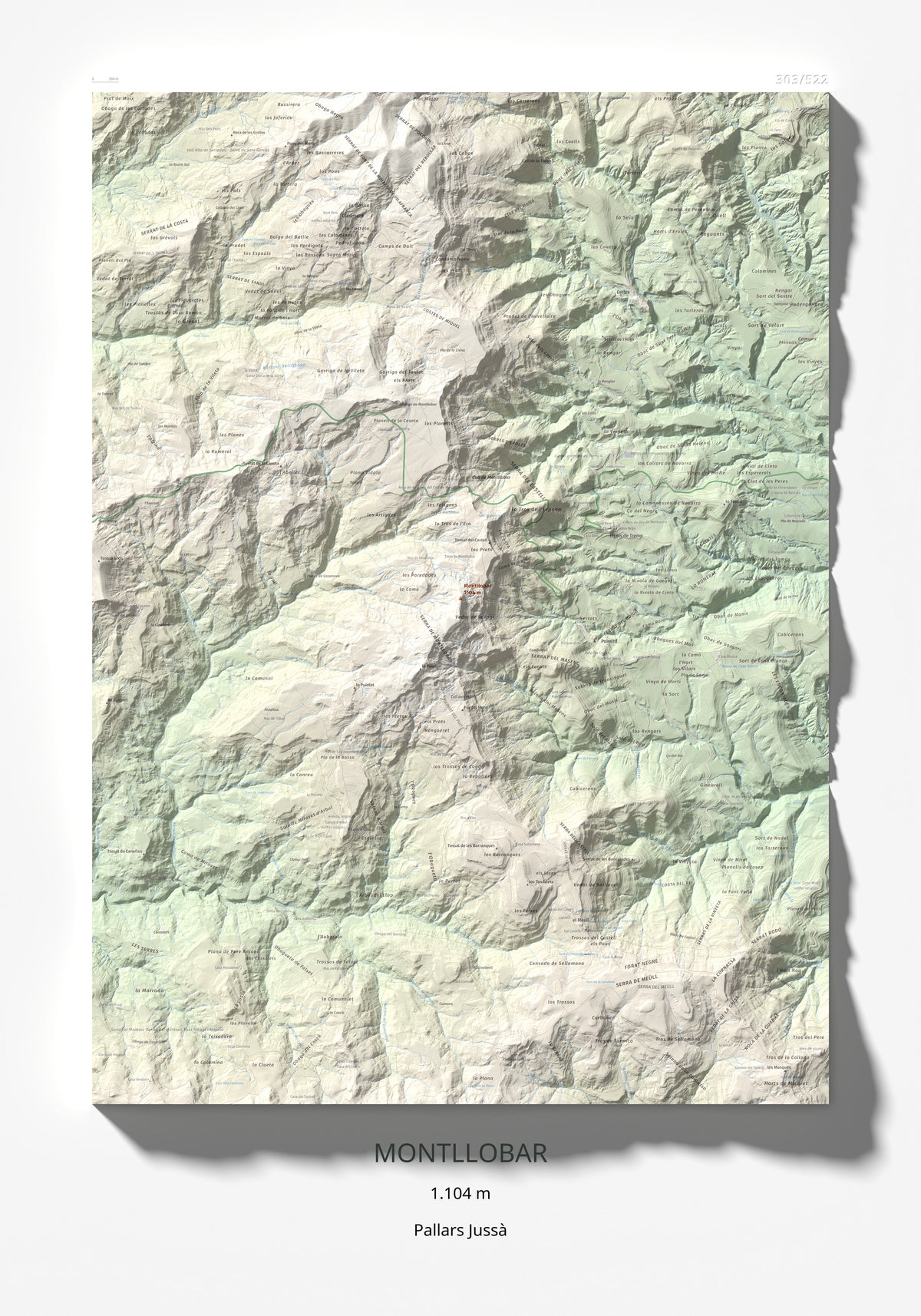 Mapa de relieve de Montllobar, 1104 m, Pallars Jussà, lámina 100 Cims de Trobart 70 × 100 cm.