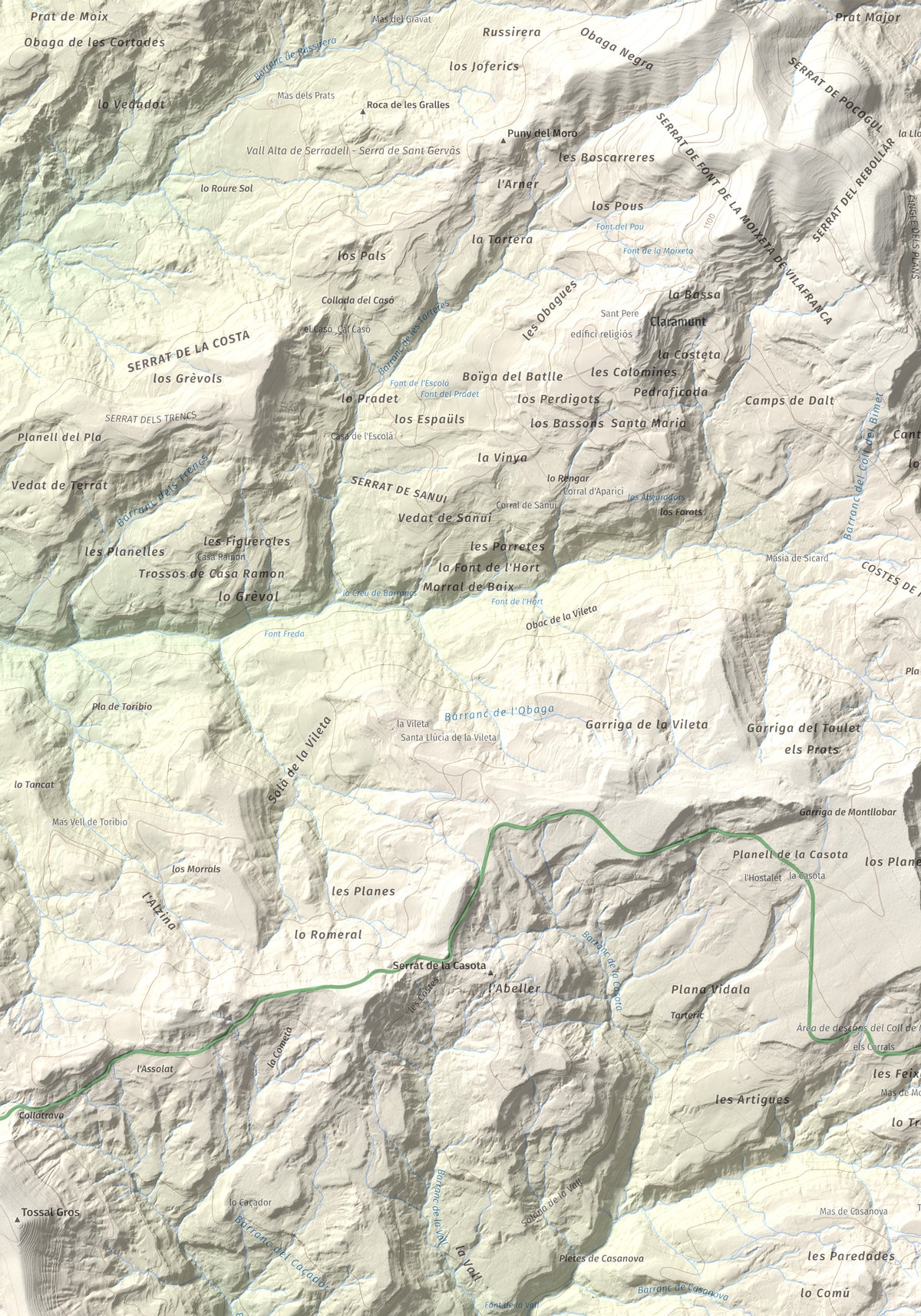 Mapa de relieve de Montllobar, 1104 m, Pallars Jussà, lámina 100 Cims de Trobart. Detalle de la zona superior izquierda. 70 × 100 cm.