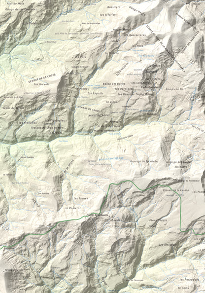 Mapa de relieve de Montllobar, 1104 m, Pallars Jussà, lámina 100 Cims de Trobart. Detalle de la zona superior izquierda. 70 × 100 cm.