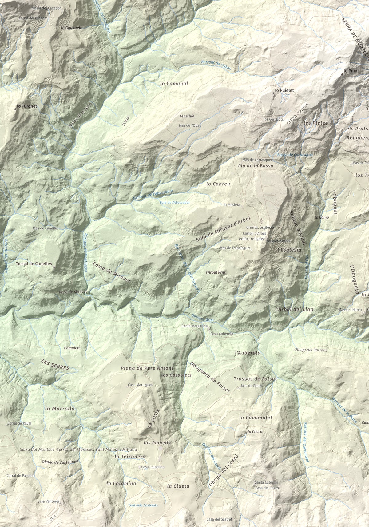 Mapa de relieve de Montllobar, 1104 m, Pallars Jussà, lámina 100 Cims de Trobart. Detalle de la zona inferior izquierda. 70 × 100 cm.