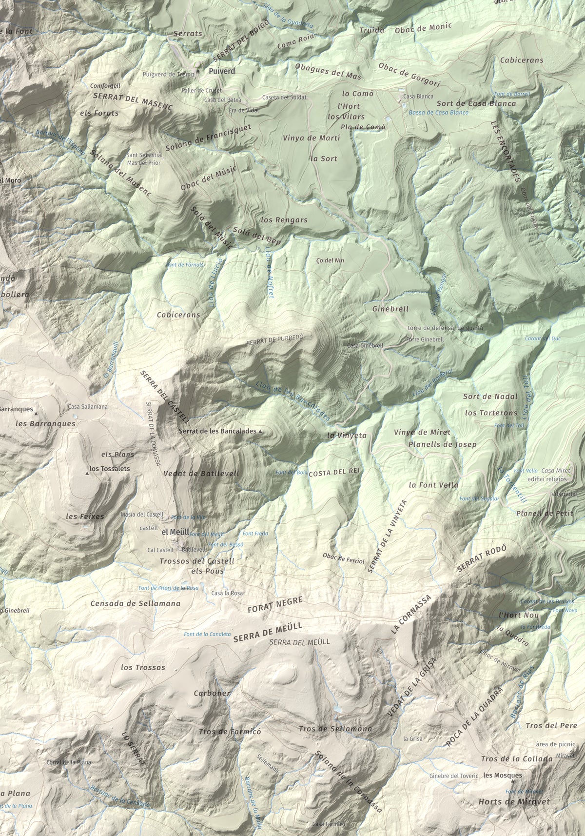 Mapa de relieve de Montllobar, 1104 m, Pallars Jussà, lámina 100 Cims de Trobart. Detalle de la zona inferior derecha. 70 × 100 cm.
