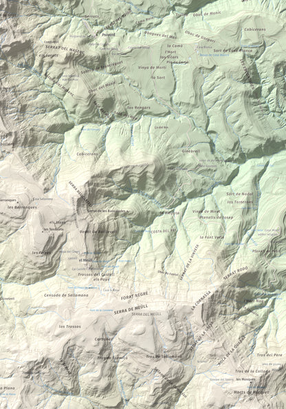 Mapa de relieve de Montllobar, 1104 m, Pallars Jussà, lámina 100 Cims de Trobart. Detalle de la zona inferior derecha. 70 × 100 cm.