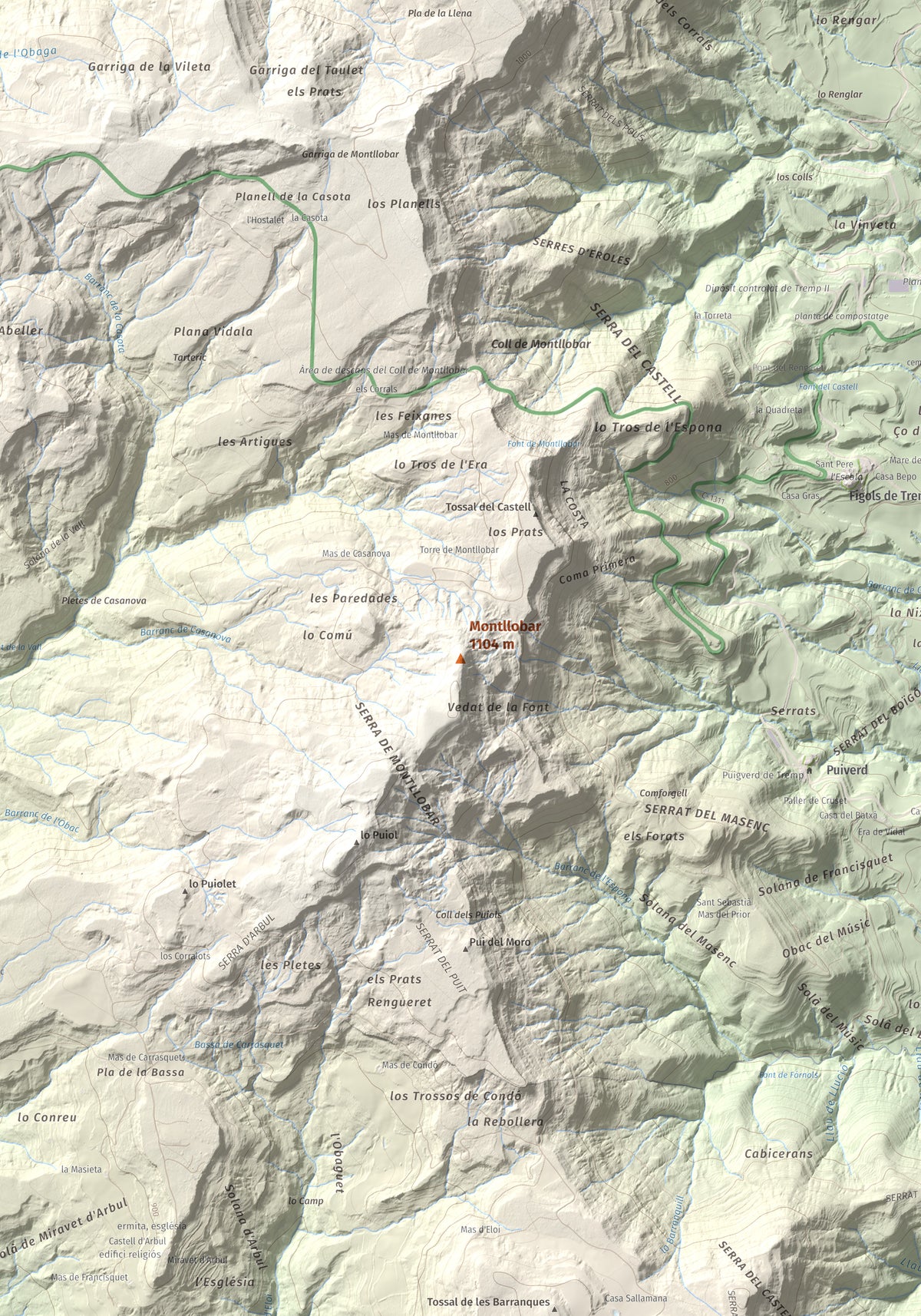 Mapa de relieve de Montllobar, 1104 m, Pallars Jussà, lámina 100 Cims de Trobart. Detalle de la zona central. 70 × 100 cm.
