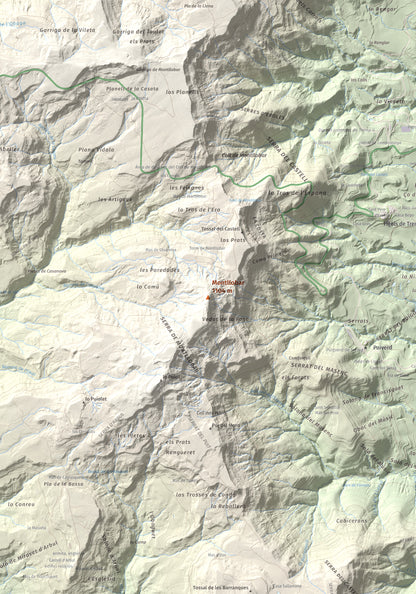 Mapa de relieve de Montllobar, 1104 m, Pallars Jussà, lámina 100 Cims de Trobart. Detalle de la zona central. 70 × 100 cm.