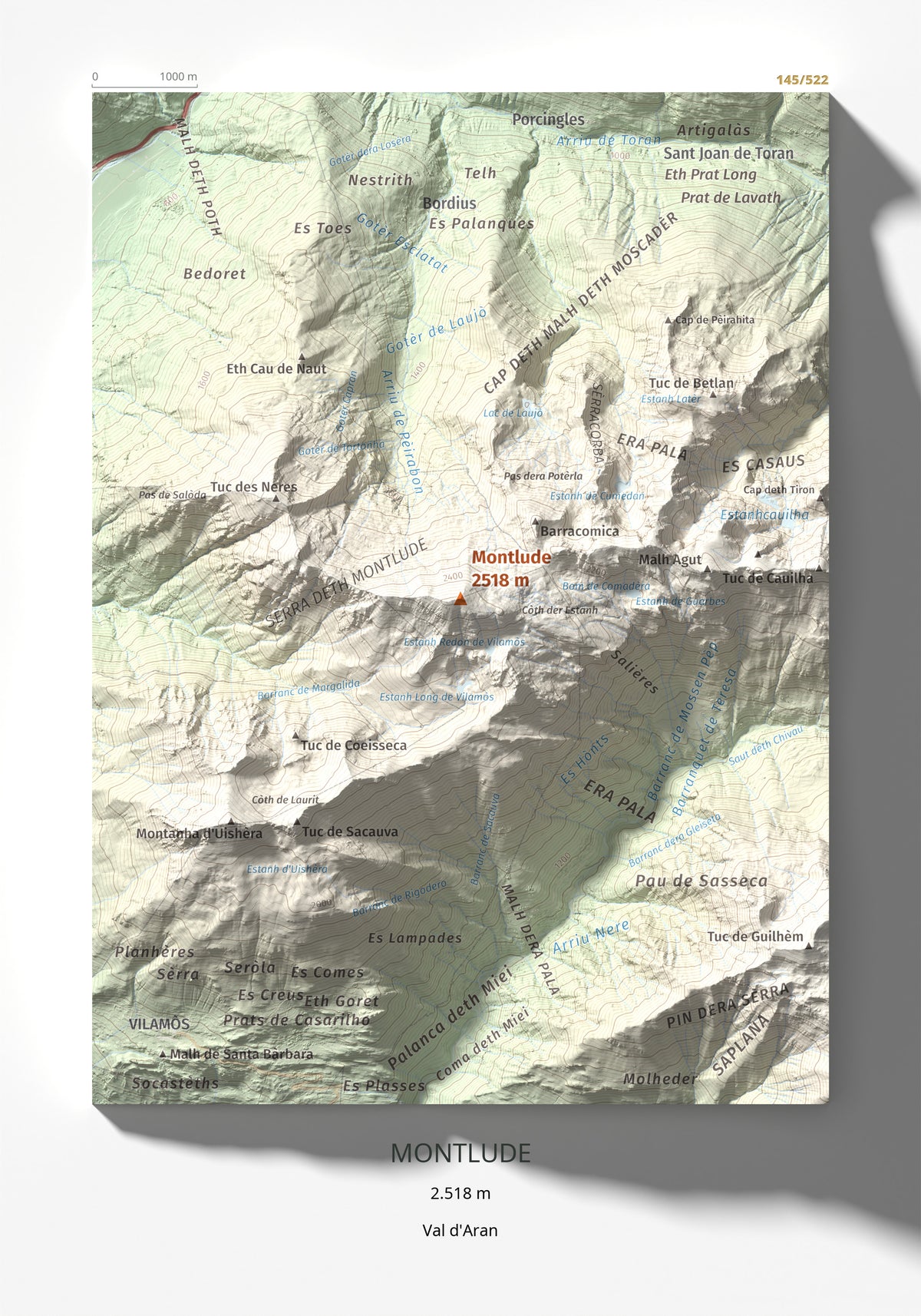 Mapa de relieve de Montlude, 2518 m, Val d'Aran, lámina 100 Cims de Trobart 21 × 30 cm.