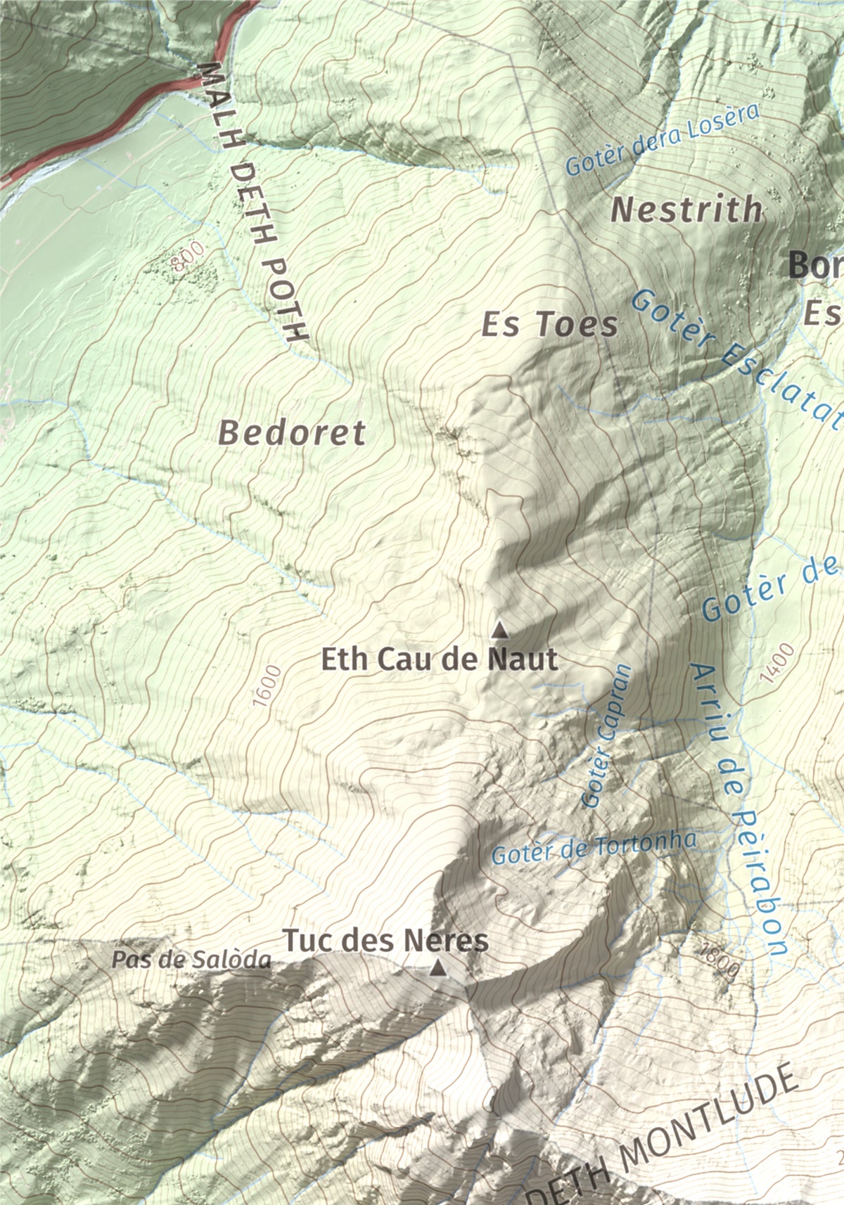 Mapa de relieve de Montlude, 2518 m, Val d'Aran, lámina 100 Cims de Trobart. Detalle de la zona superior izquierda. 21 × 30 cm.