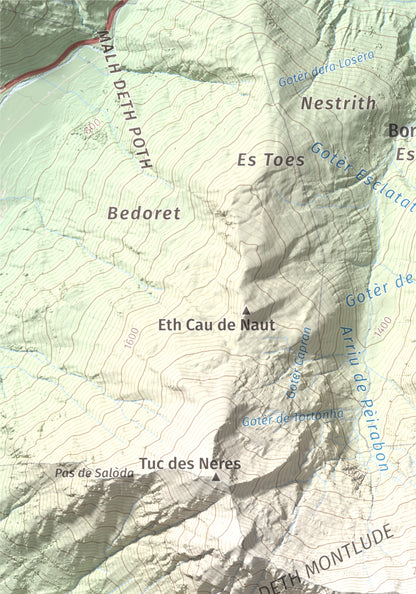 Mapa de relieve de Montlude, 2518 m, Val d'Aran, lámina 100 Cims de Trobart. Detalle de la zona superior izquierda. 21 × 30 cm.
