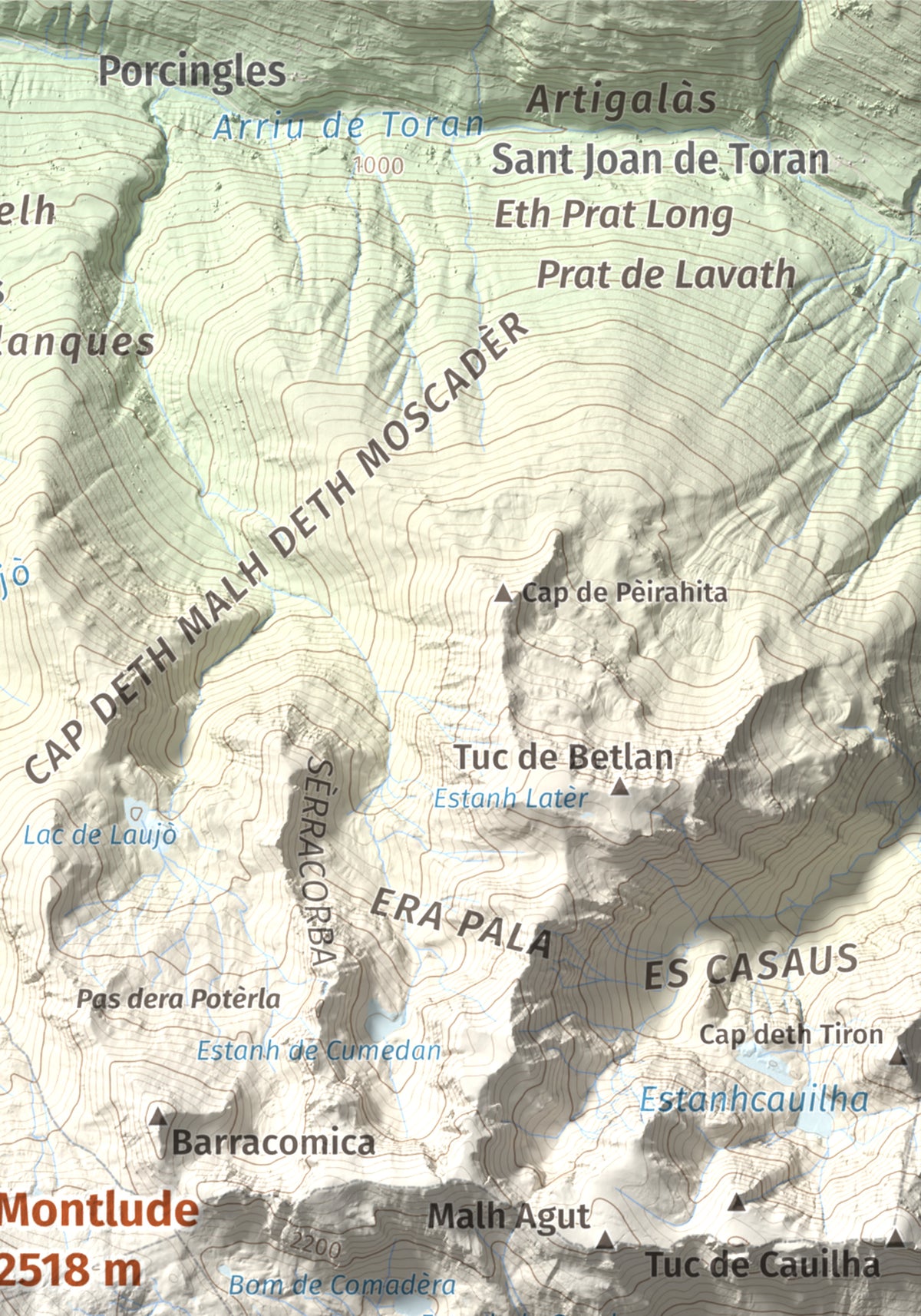 Mapa de relieve de Montlude, 2518 m, Val d'Aran, lámina 100 Cims de Trobart. Detalle de la zona superior derecha. 21 × 30 cm.