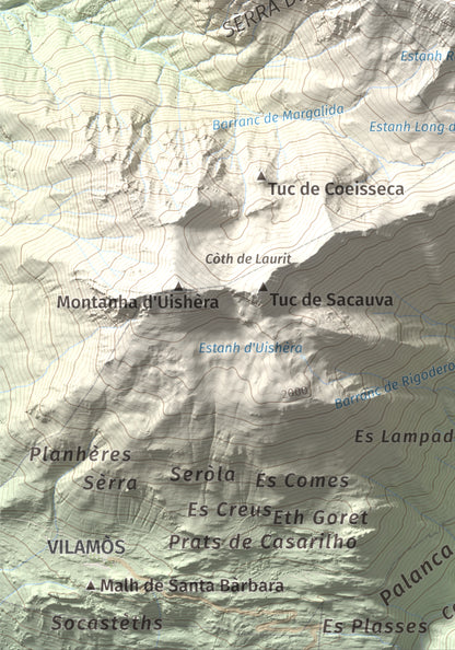 Mapa de relieve de Montlude, 2518 m, Val d'Aran, lámina 100 Cims de Trobart. Detalle de la zona inferior izquierda. 21 × 30 cm.