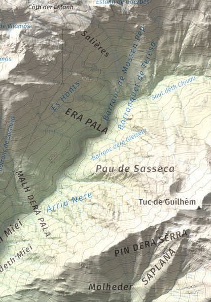 Mapa de relieve de Montlude, 2518 m, Val d'Aran, lámina 100 Cims de Trobart. Detalle de la zona inferior derecha. 21 × 30 cm.