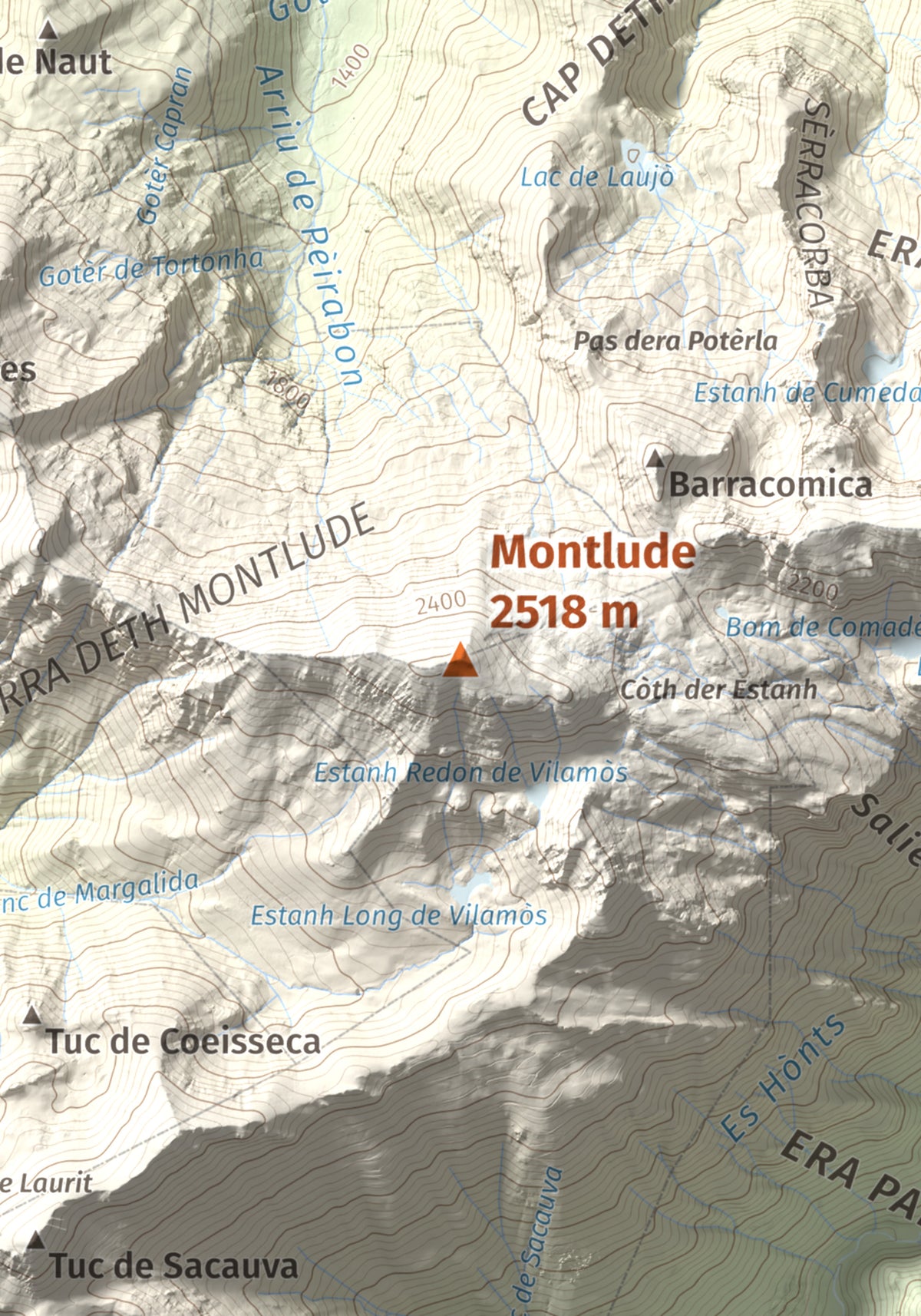 Mapa de relieve de Montlude, 2518 m, Val d'Aran, lámina 100 Cims de Trobart. Detalle de la zona central. 21 × 30 cm.
