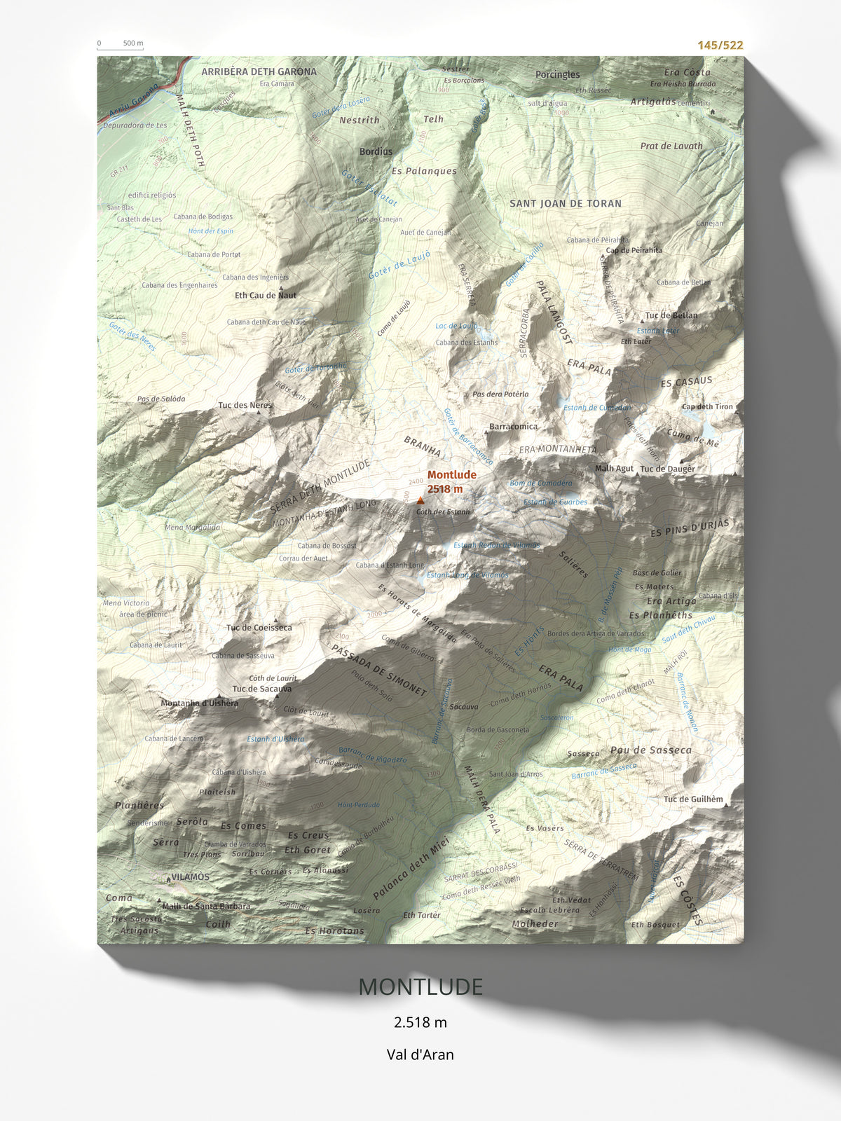 Mapa de relieve de Montlude, 2518 m, Val d'Aran, lámina 100 Cims de Trobart 30 × 40 cm.