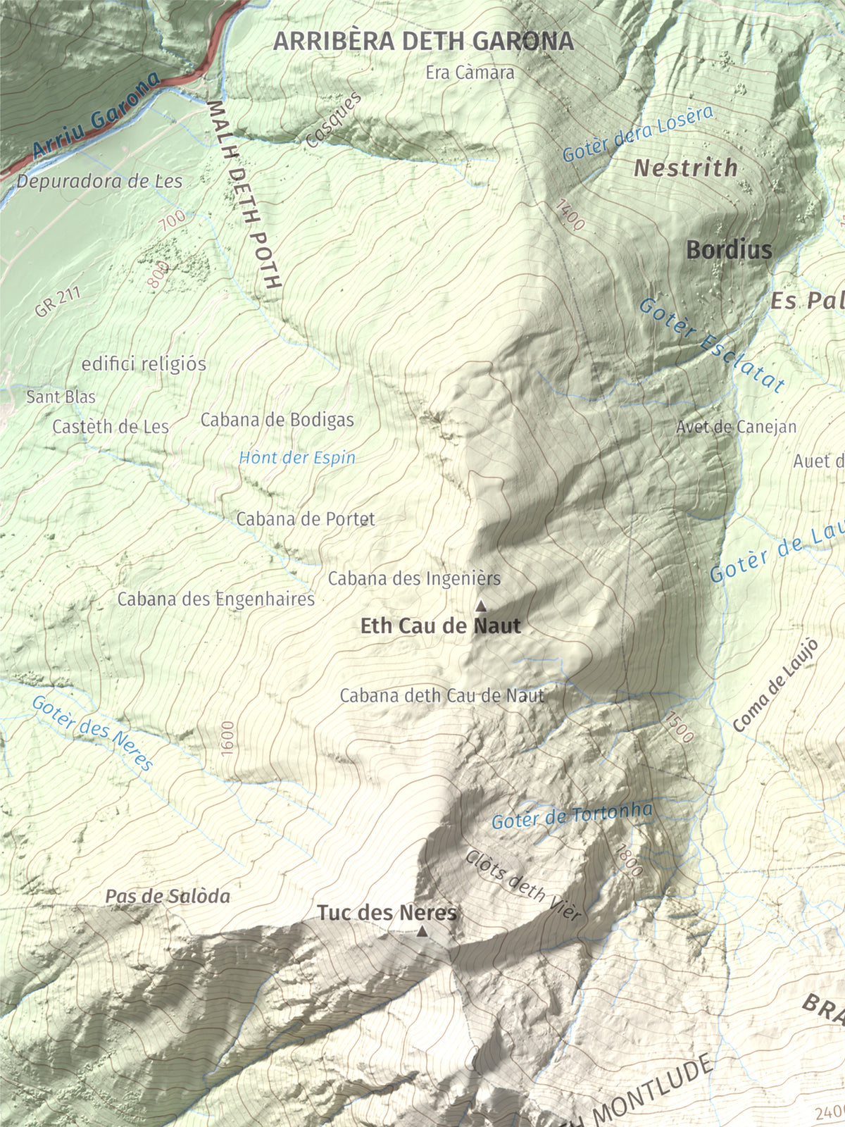 Mapa de relieve de Montlude, 2518 m, Val d'Aran, lámina 100 Cims de Trobart. Detalle de la zona superior izquierda. 30 × 40 cm.