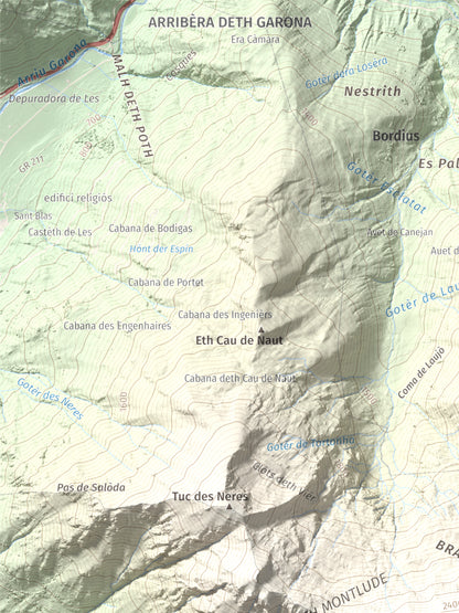 Mapa de relieve de Montlude, 2518 m, Val d'Aran, lámina 100 Cims de Trobart. Detalle de la zona superior izquierda. 30 × 40 cm.