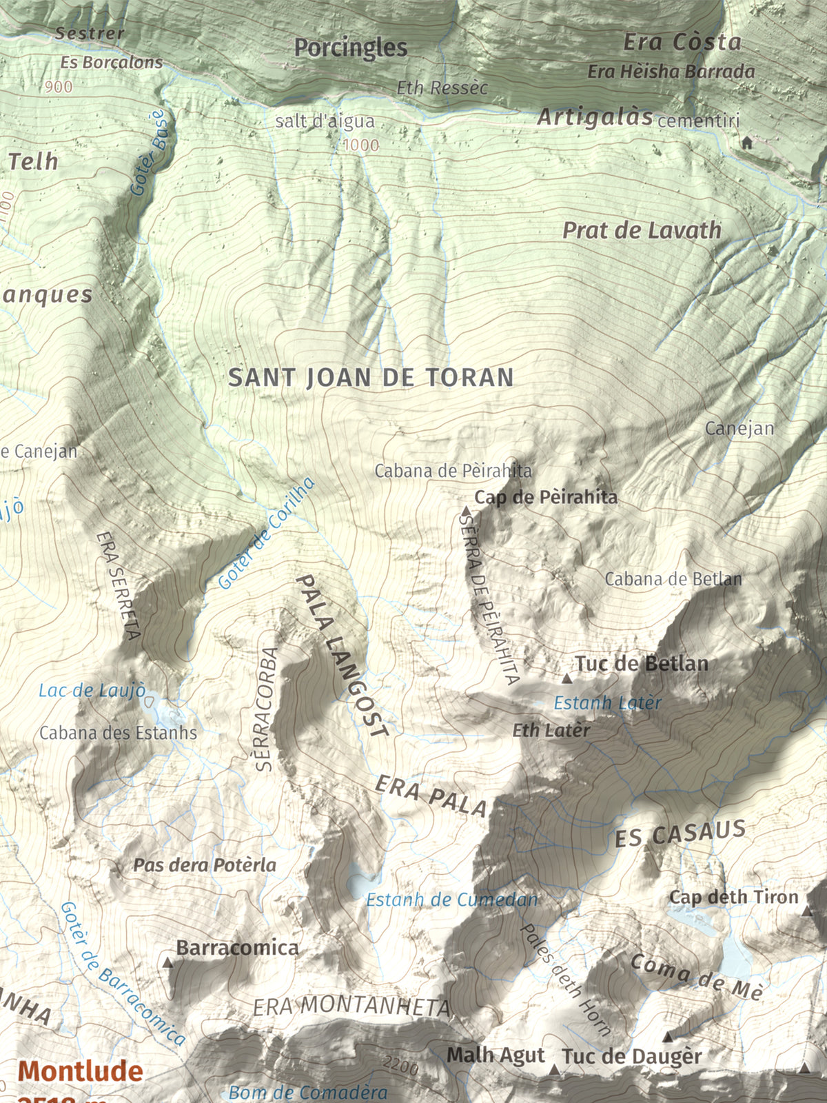 Mapa de relieve de Montlude, 2518 m, Val d'Aran, lámina 100 Cims de Trobart. Detalle de la zona superior derecha. 30 × 40 cm.