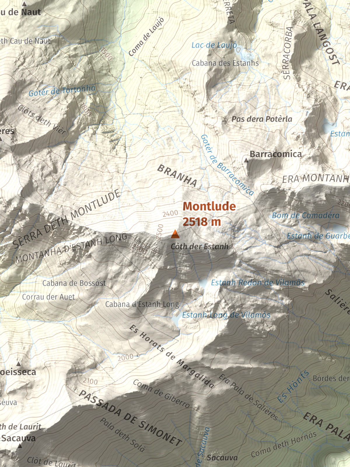 Mapa de relieve de Montlude, 2518 m, Val d'Aran, lámina 100 Cims de Trobart. Detalle de la zona central. 30 × 40 cm.