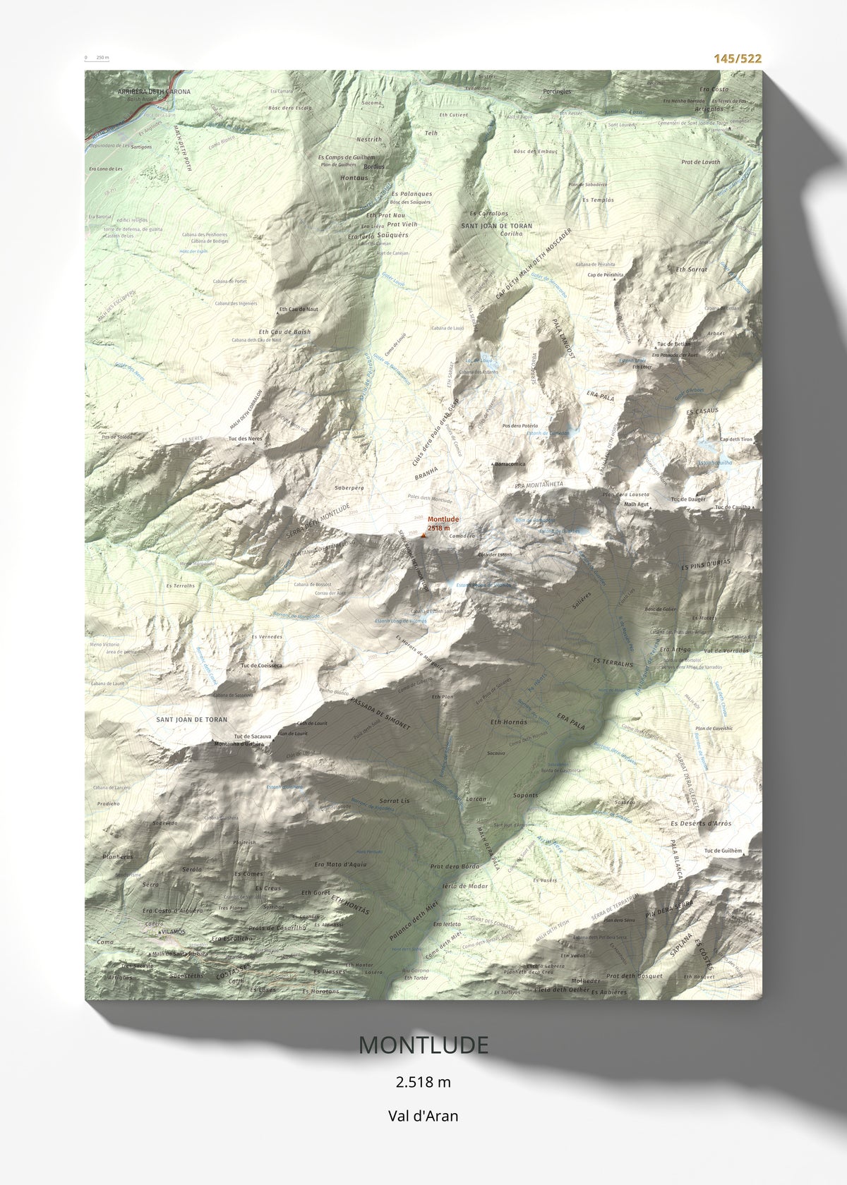 Mapa de relieve de Montlude, 2518 m, Val d'Aran, lámina 100 Cims de Trobart 50 × 70 cm.