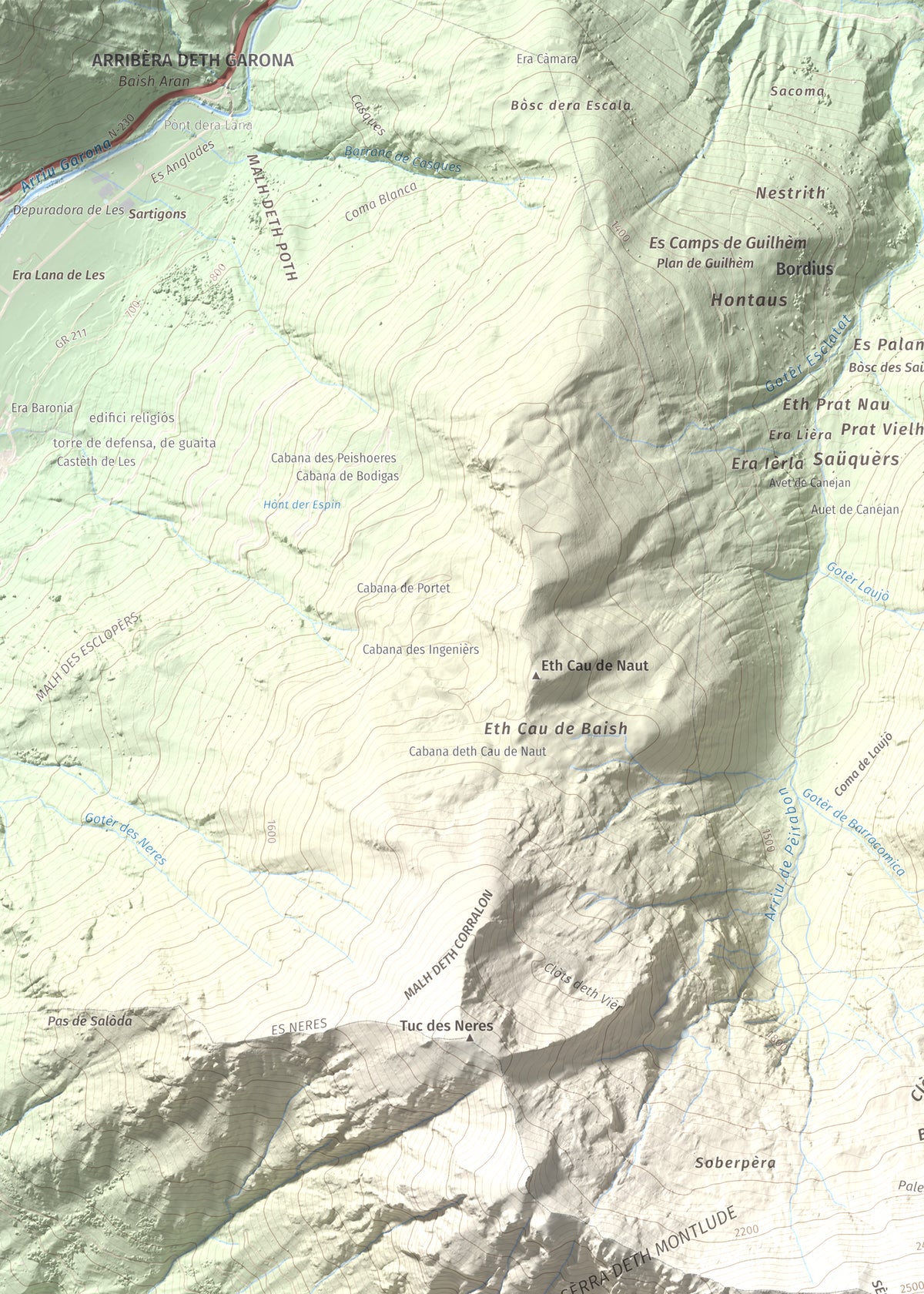 Mapa de relieve de Montlude, 2518 m, Val d'Aran, lámina 100 Cims de Trobart. Detalle de la zona superior izquierda. 50 × 70 cm.
