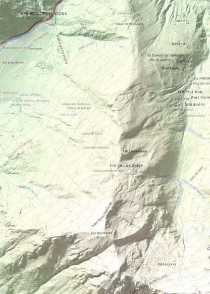 Mapa de relieve de Montlude, 2518 m, Val d'Aran, lámina 100 Cims de Trobart. Detalle de la zona superior izquierda. 50 × 70 cm.
