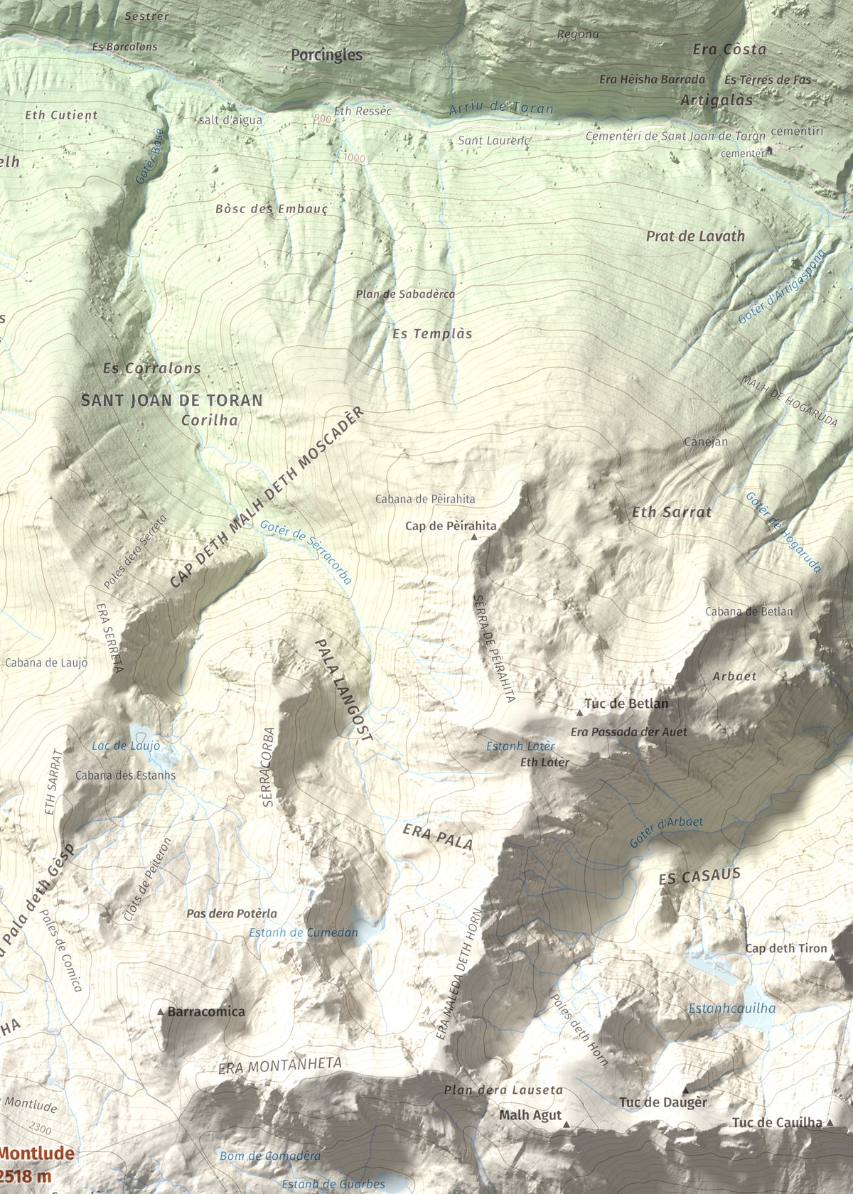 Mapa de relieve de Montlude, 2518 m, Val d'Aran, lámina 100 Cims de Trobart. Detalle de la zona superior derecha. 50 × 70 cm.