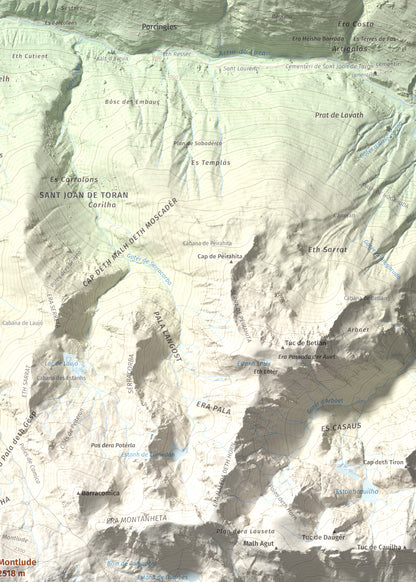 Mapa de relieve de Montlude, 2518 m, Val d'Aran, lámina 100 Cims de Trobart. Detalle de la zona superior derecha. 50 × 70 cm.