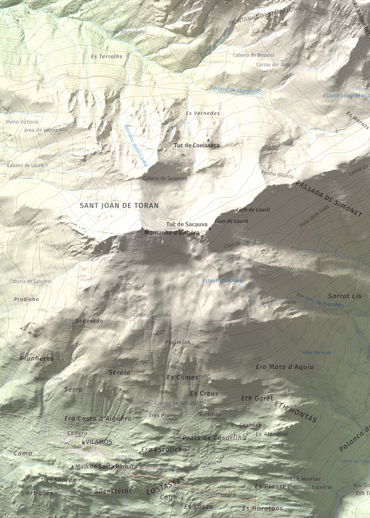 Mapa de relieve de Montlude, 2518 m, Val d'Aran, lámina 100 Cims de Trobart. Detalle de la zona inferior izquierda. 50 × 70 cm.