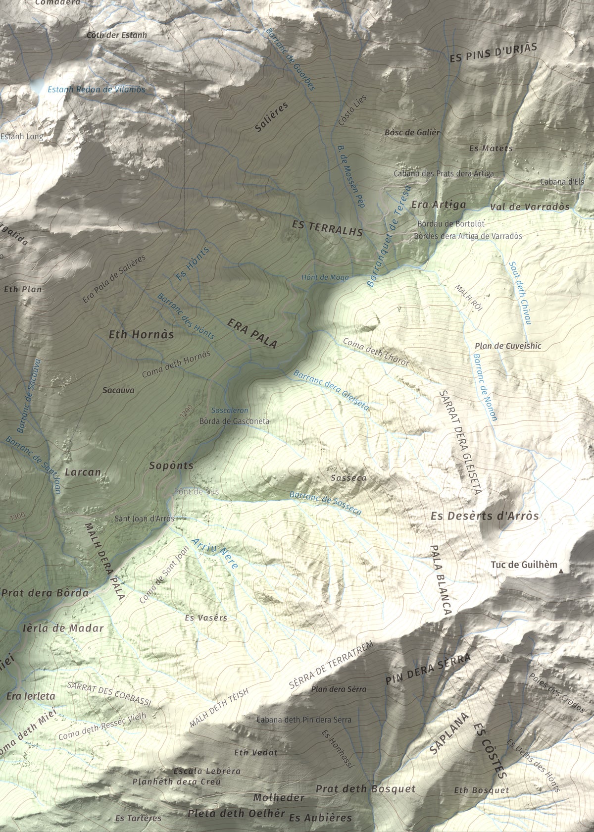 Mapa de relieve de Montlude, 2518 m, Val d'Aran, lámina 100 Cims de Trobart. Detalle de la zona inferior derecha. 50 × 70 cm.