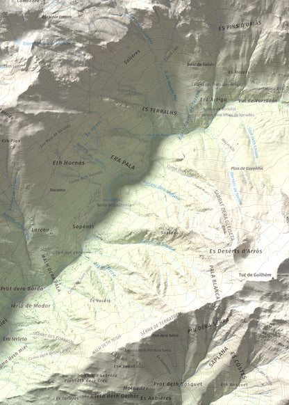 Mapa de relieve de Montlude, 2518 m, Val d'Aran, lámina 100 Cims de Trobart. Detalle de la zona inferior derecha. 50 × 70 cm.
