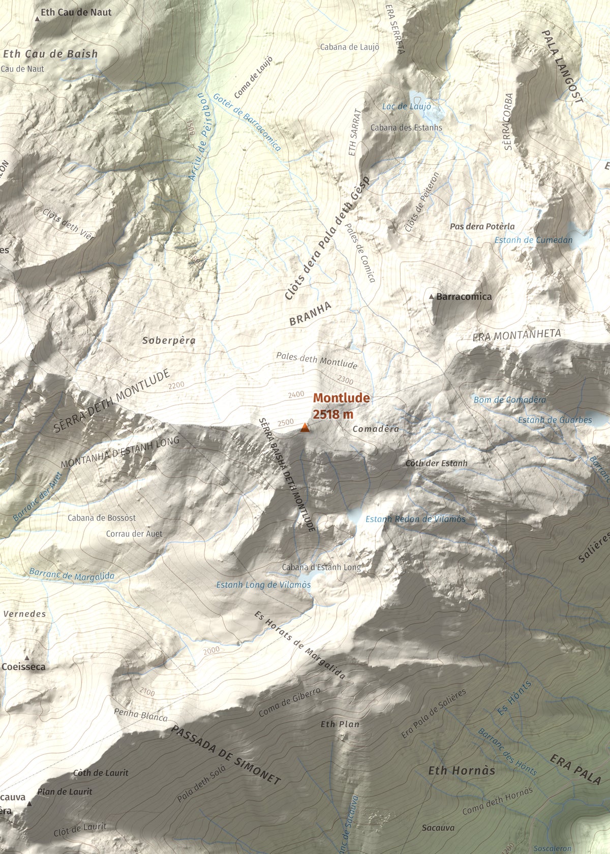 Mapa de relieve de Montlude, 2518 m, Val d'Aran, lámina 100 Cims de Trobart. Detalle de la zona central. 50 × 70 cm.