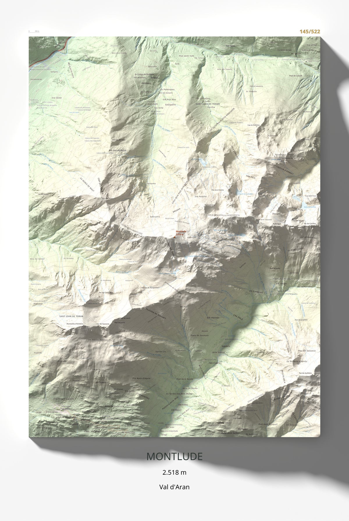 Mapa de relieve de Montlude, 2518 m, Val d'Aran, lámina 100 Cims de Trobart 61 × 91 cm.