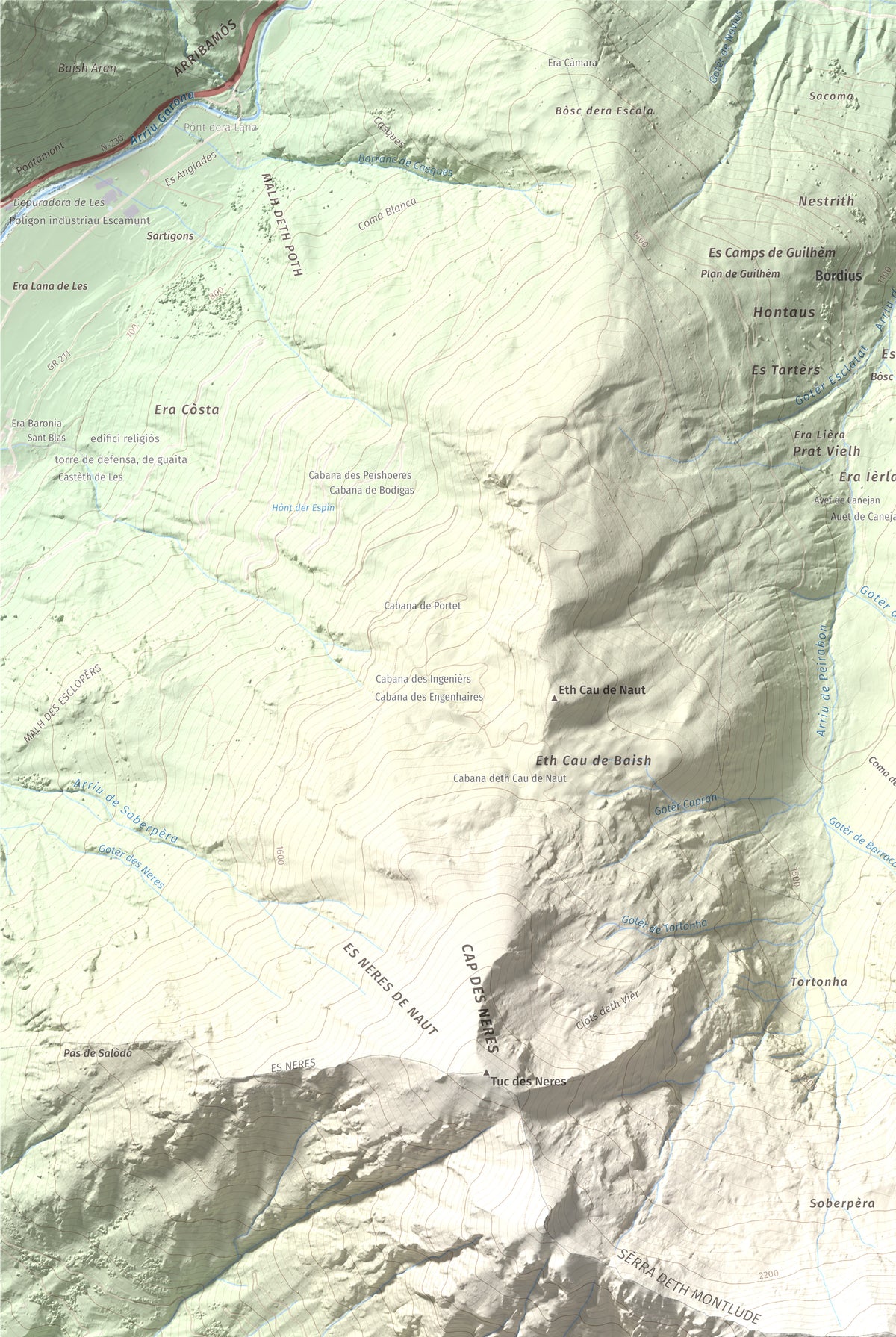 Mapa de relieve de Montlude, 2518 m, Val d'Aran, lámina 100 Cims de Trobart. Detalle de la zona superior izquierda. 61 × 91 cm.