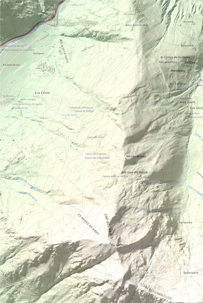 Mapa de relieve de Montlude, 2518 m, Val d'Aran, lámina 100 Cims de Trobart. Detalle de la zona superior izquierda. 61 × 91 cm.