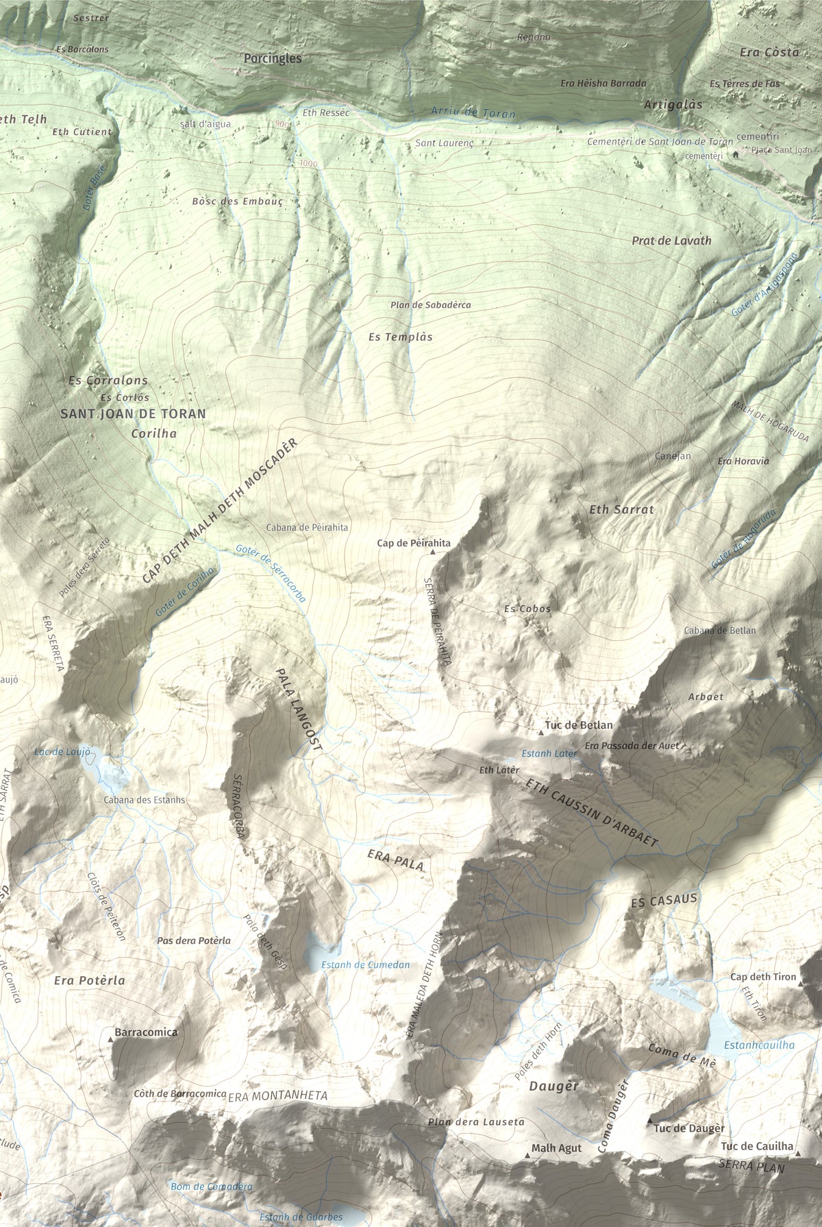 Mapa de relieve de Montlude, 2518 m, Val d'Aran, lámina 100 Cims de Trobart. Detalle de la zona superior derecha. 61 × 91 cm.